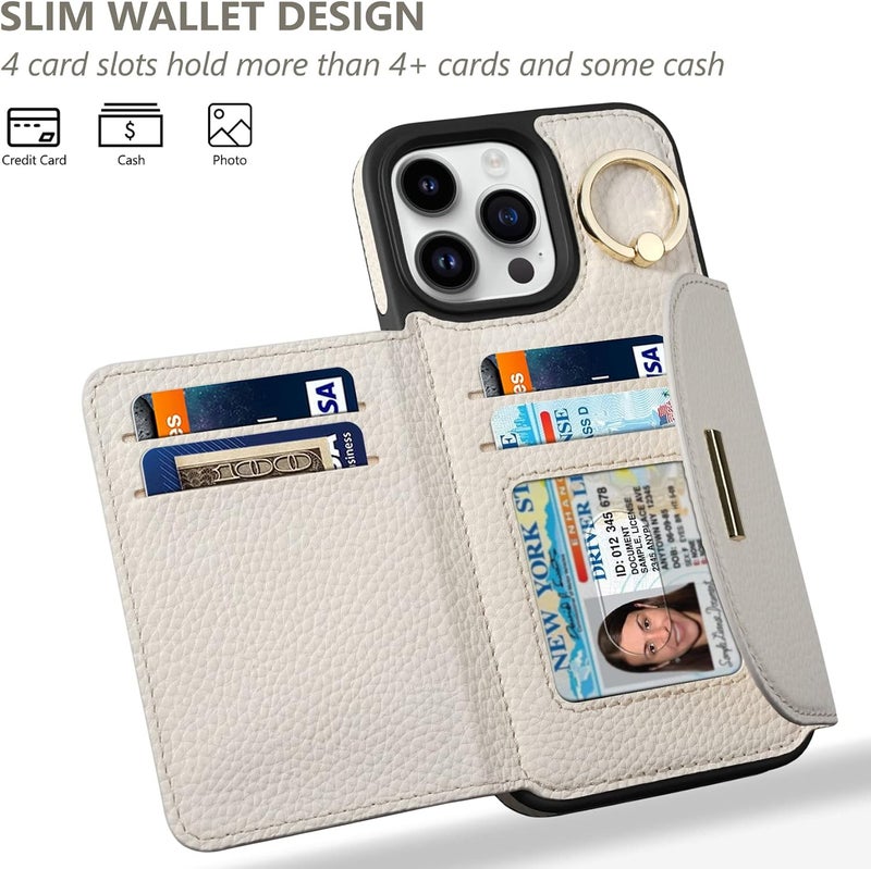 Keallce Wallet Case for iPhone 14 Pro 6.1'', Flip Case with Card Slots, Ring Holder Kickstand, PU Leather Protective Folio Cover for Women, Beige - Image 2